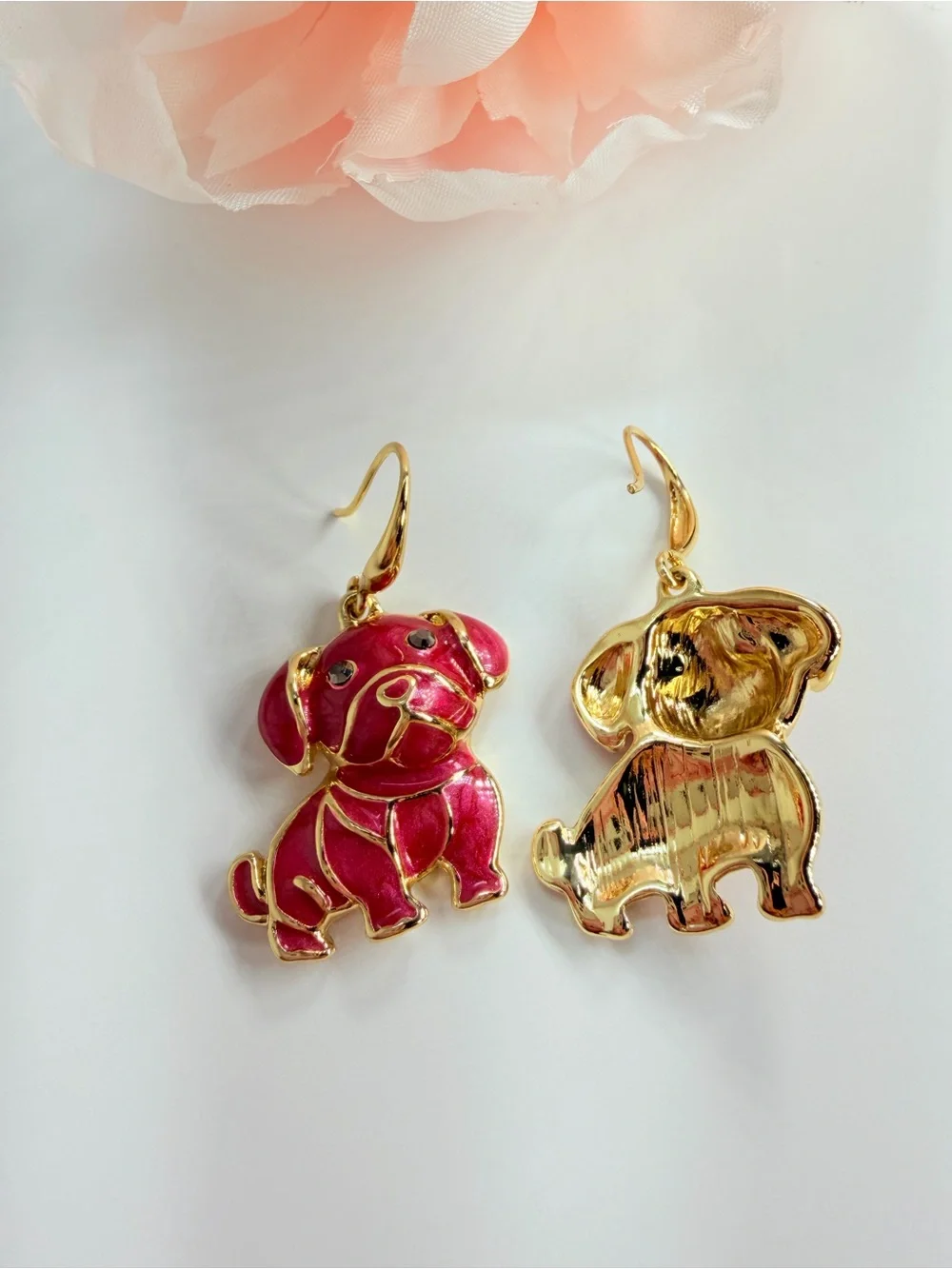 Gold-Trim Red Puppy Dog Drop Earrings - Fashion Pet Jewelry